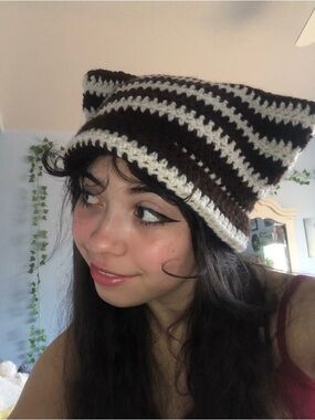 SOLD Cat Ear beanie hat black white striped stripes knit